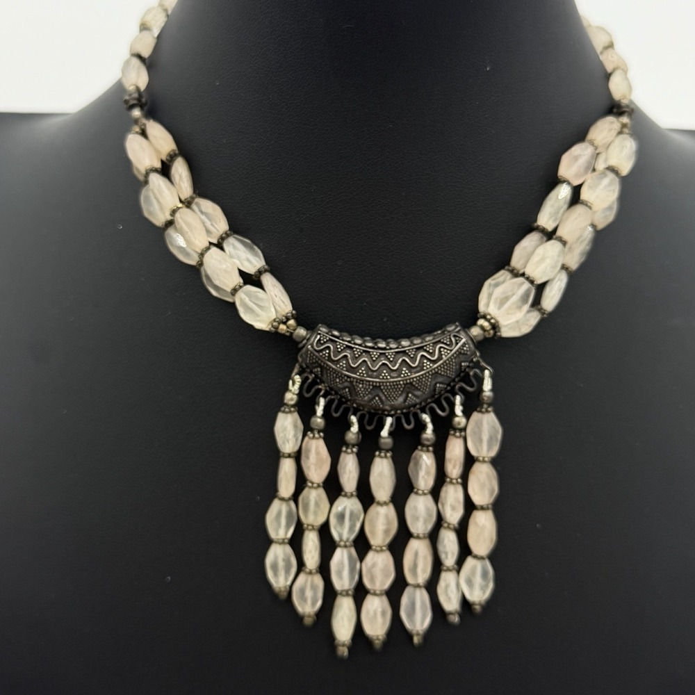 VTG Sterling Silver Fringe Necklace Rose Quartz Tassel Dangle Gemstone Boho
